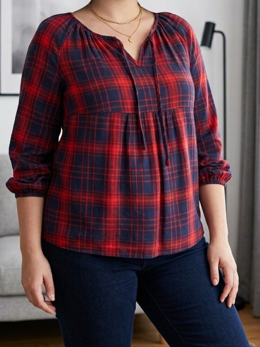 GAP Maternity Red Navy Plaid Babydoll Tunic Blouse Split Neck Tie XL 16 18 Work
